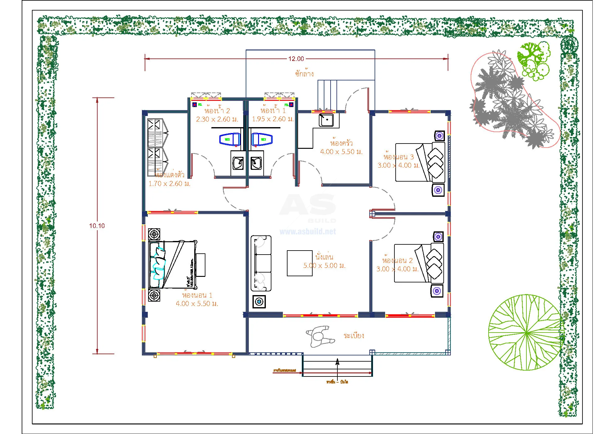 แบบบ้านชั้นเดียว 1 ชั้น 3ห้องนอน 2ห้องน้ำ ห้องครัว สไตล์โมเดิร์น