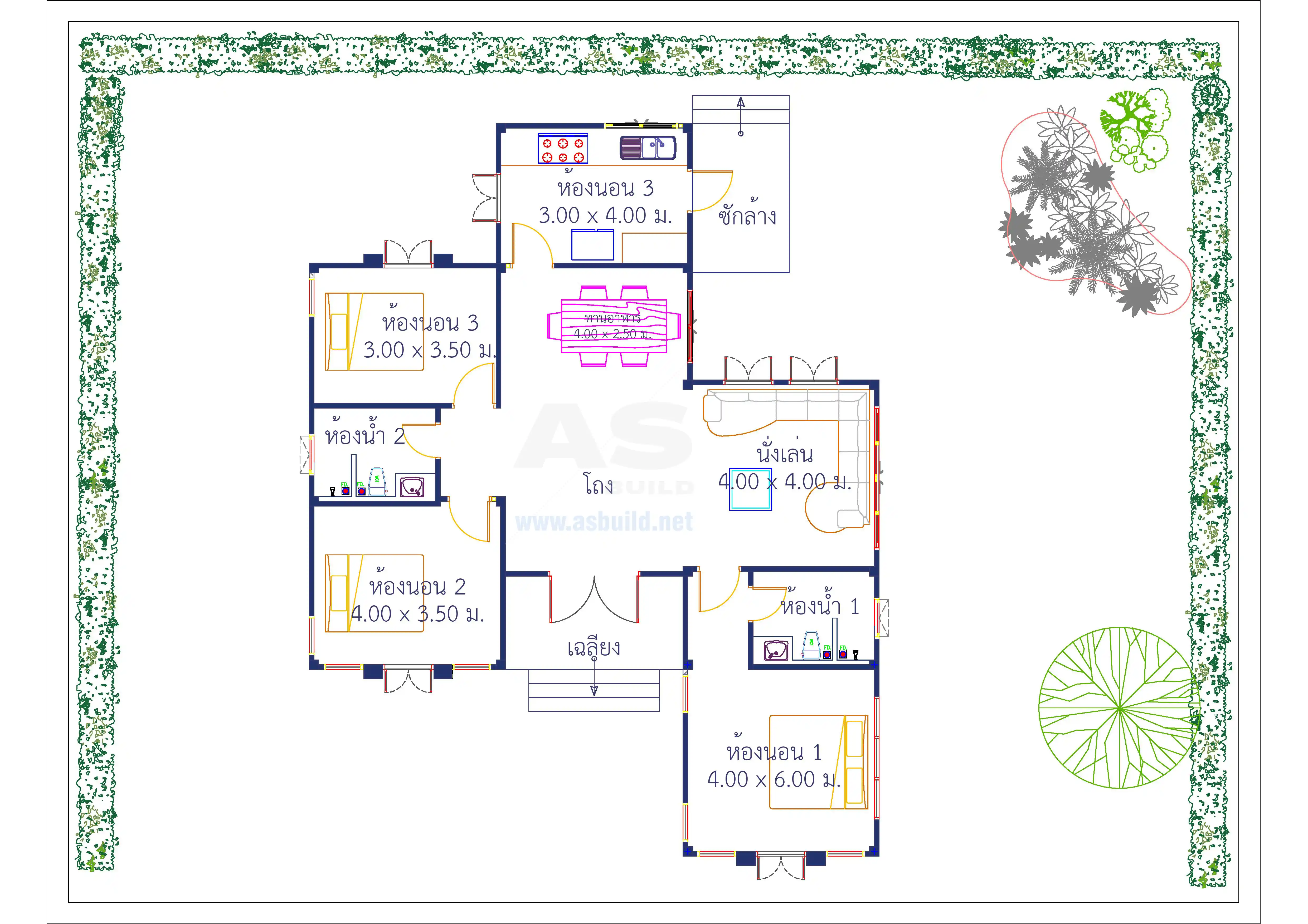 แบบบ้านชั้นเดียว 1 ชั้น พื้นที่ใช้สอย 125 ตร.ม. 3ห้องนอน 2ห้องน้ำ 1ห้องครัว