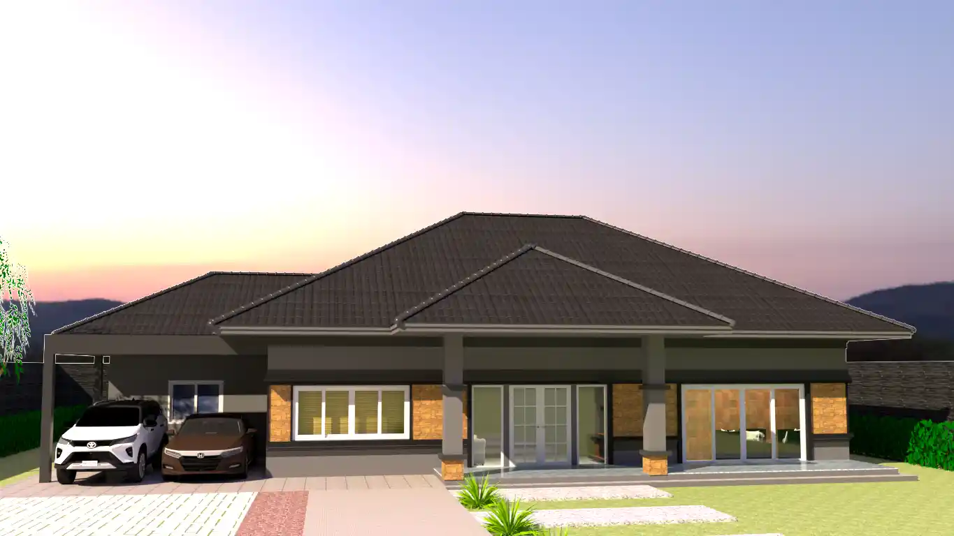 แบบบ้านชั้นเดียว พื้นที่ใช้สอย 206 ตร.ม. 3ห้องนอน 3ห้องน้ำ จอดรถ2คัน