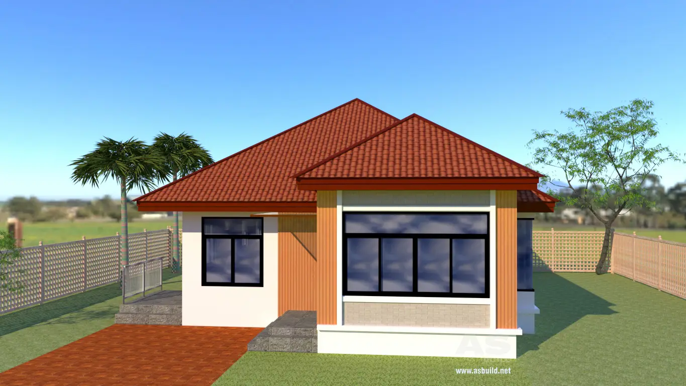 แบบบ้านชั้นเดียว แบบบ้านหน้าแคบ พื้นที่ใช้สอย 68 ตร.ม. 2ห้องนอน 1ห้องน้ำ