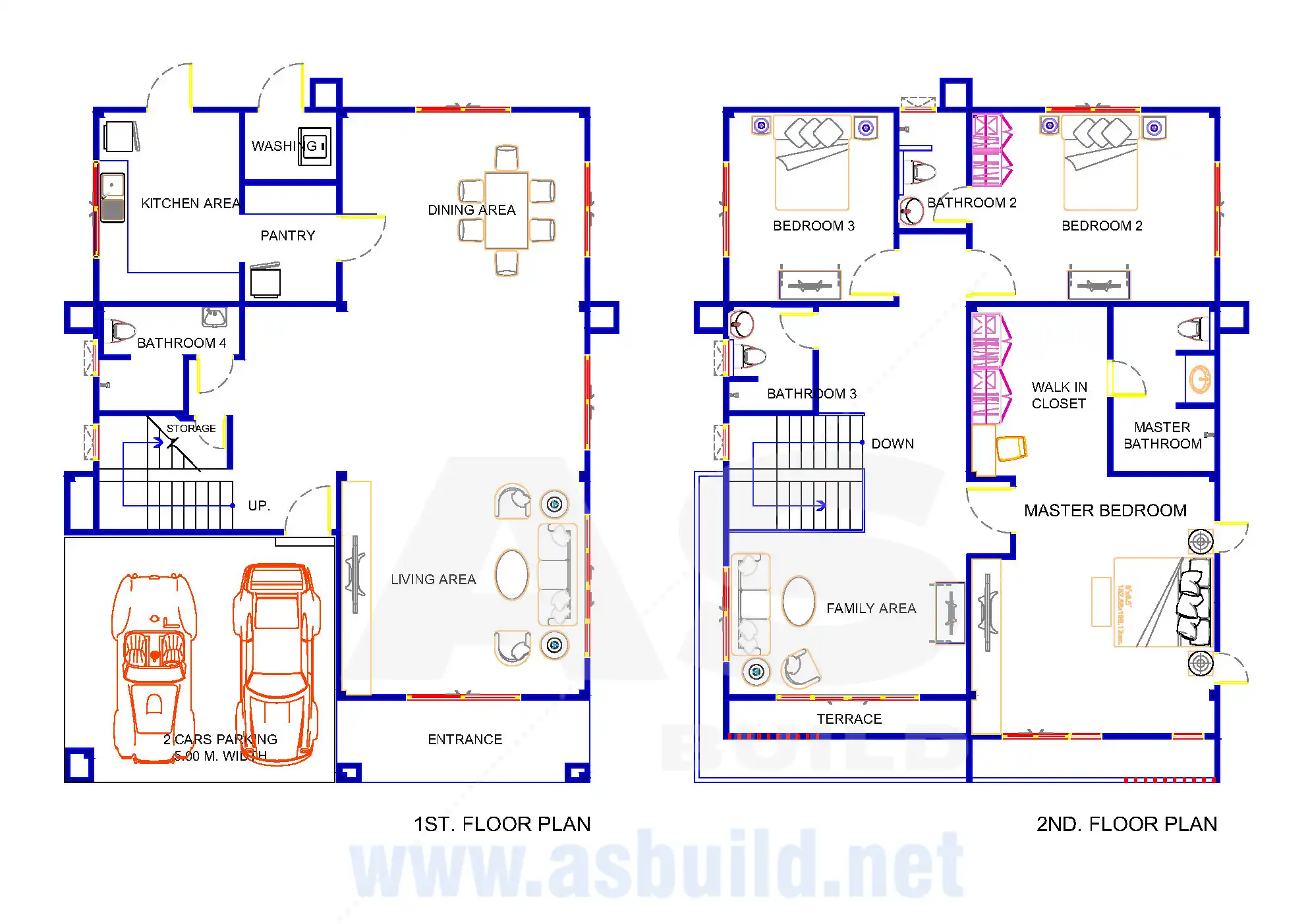 แบบบ้าน 2 ชั้น แบบบ้านหน้าแคบ พื้นที่ใช้สอยขนาด 257 ตร.ม. 3ห้องนอน 4ห้องน้ำ โถงต้อนรับ และจอดรถ 2 คัน