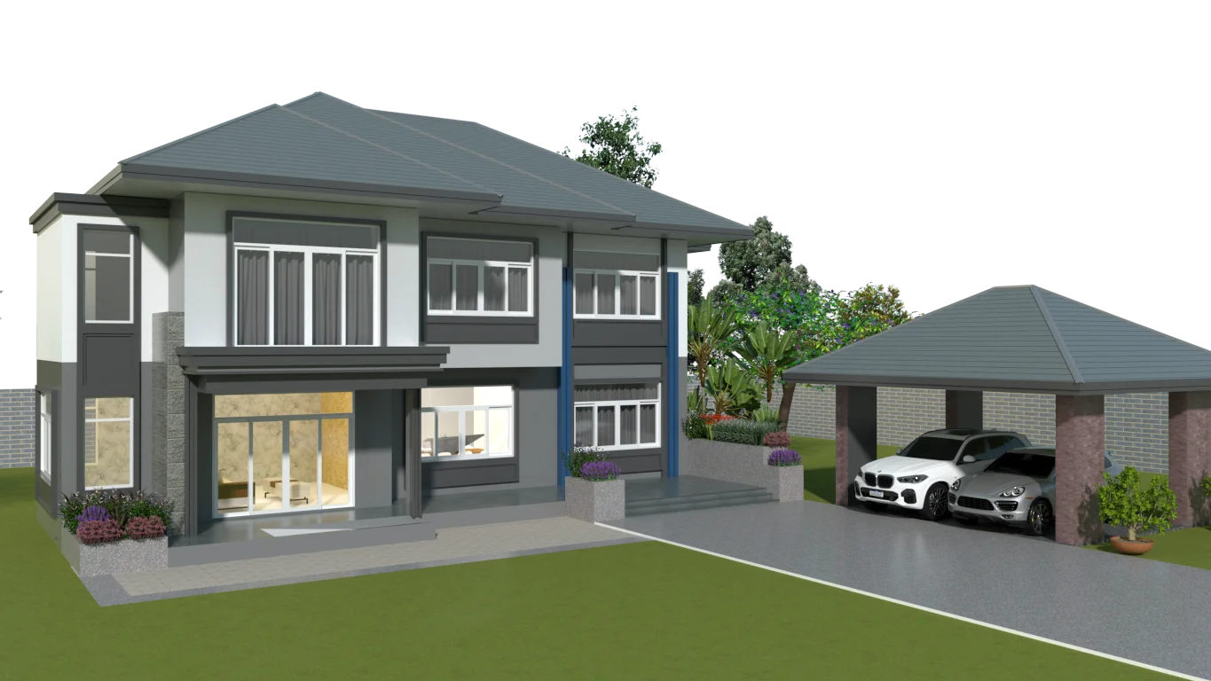 แบบบ้าน 2 ชั้น พื้นที่ใช้สอยขนาด 326 ตร.ม. 4ห้องนอน 4ห้องน้ำ โถงต้อนรับ และโรงจอดรถ 2 คัน