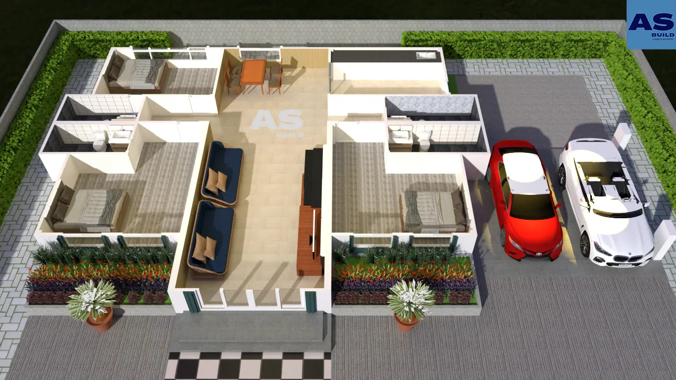 แบบบ้านชั้นเดียว พื้นที่ใช้สอยขนาด 130 ตร.ม. 3ห้องนอน 4ห้องน้ำ โถงต้อนรับ และจอดรถ 2 คัน