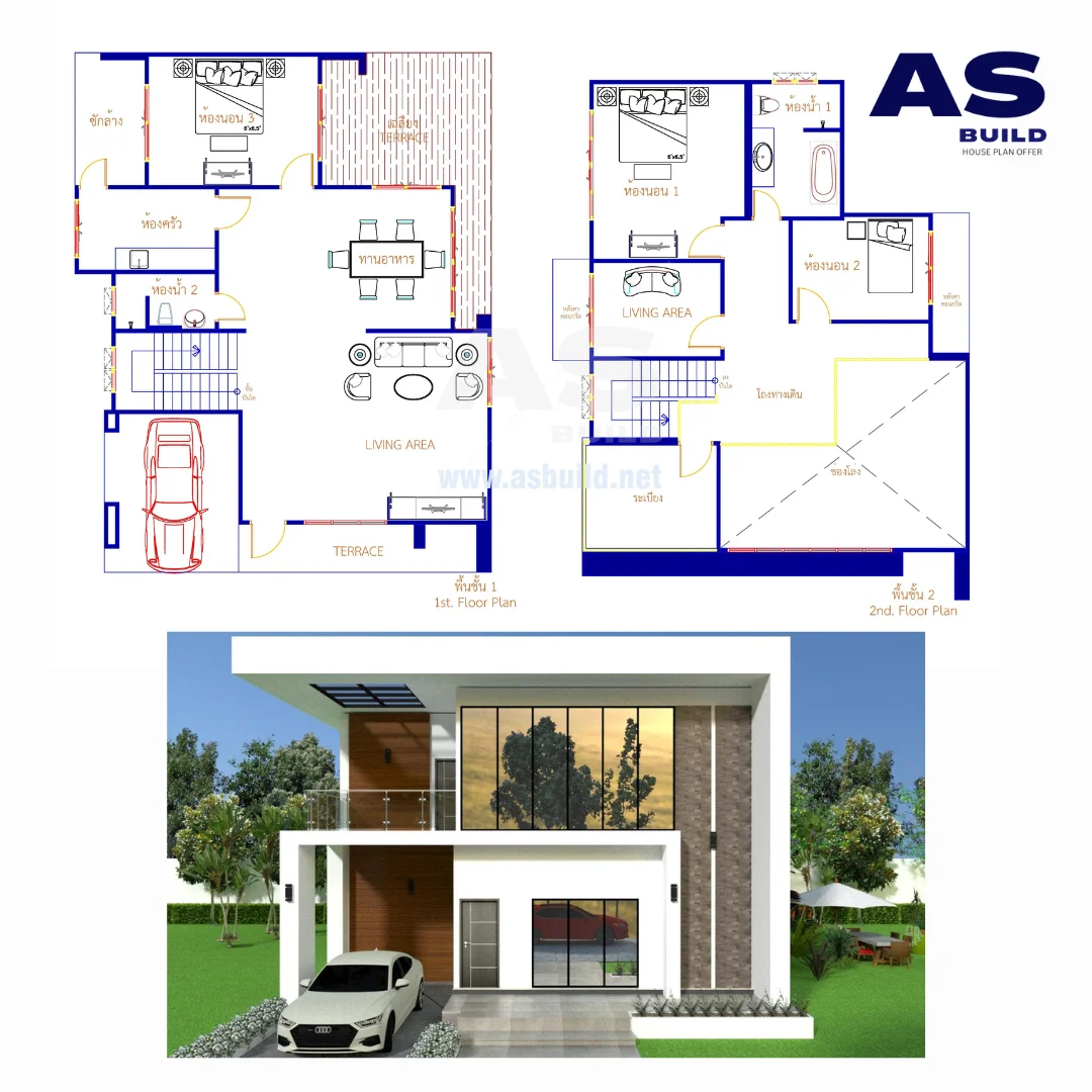 แบบบ้านสไตล์ลอฟต์โมเดิร์น 2 ชั้น พื้นที่ใช้สอย 294 ตร.ม. 3ห้องนอน 2ห้องน้ำ จอดรถ 1 คัน ฝ้าเพดานสูง ออกแบบเพื่อการพักผ่อนที่แท้จริง