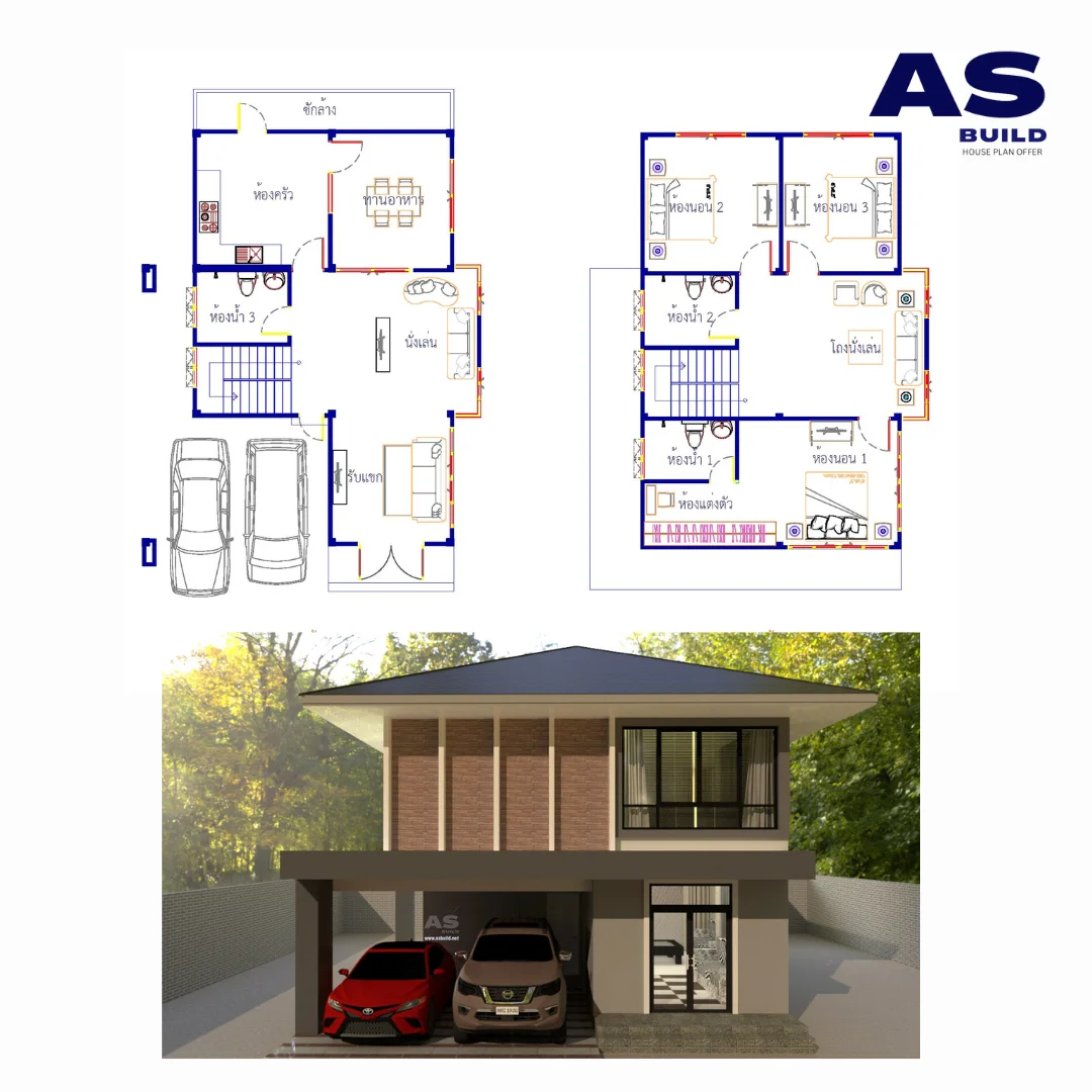 แบบบ้าน 2 ชั้น PT011 ฟังก์ชั่น 3ห้องนอน 3ห้องน้ำ ออกแบบเรียบง่ายสไตล์คอนเทมโพรารี่ ภายนอกโดดเด่น ภายในตอบโจทย์การอยู่อาศัย