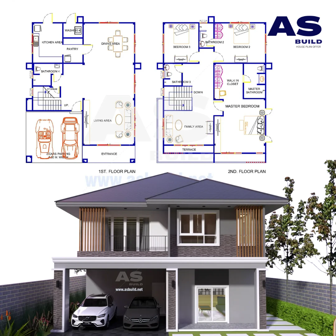 แบบบ้าน 2 ชั้น แบบบ้านหน้าแคบ พื้นที่ใช้สอยขนาด 257 ตร.ม. 3ห้องนอน 4ห้องน้ำ โถงต้อนรับ และจอดรถ 2 คัน