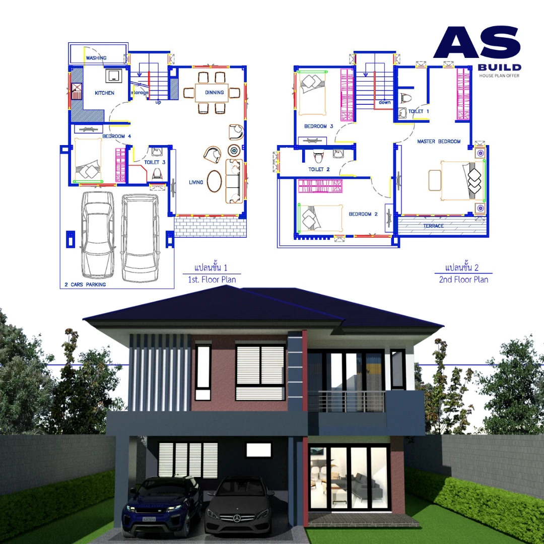 แบบบ้าน 2 ชั้น แบบบ้านหน้าแคบ พื้นที่ใช้สอยขนาด 147 ตร.ม. 4ห้องนอน 3ห้องน้ำ โถงต้อนรับ และจอดรถ 2 คัน